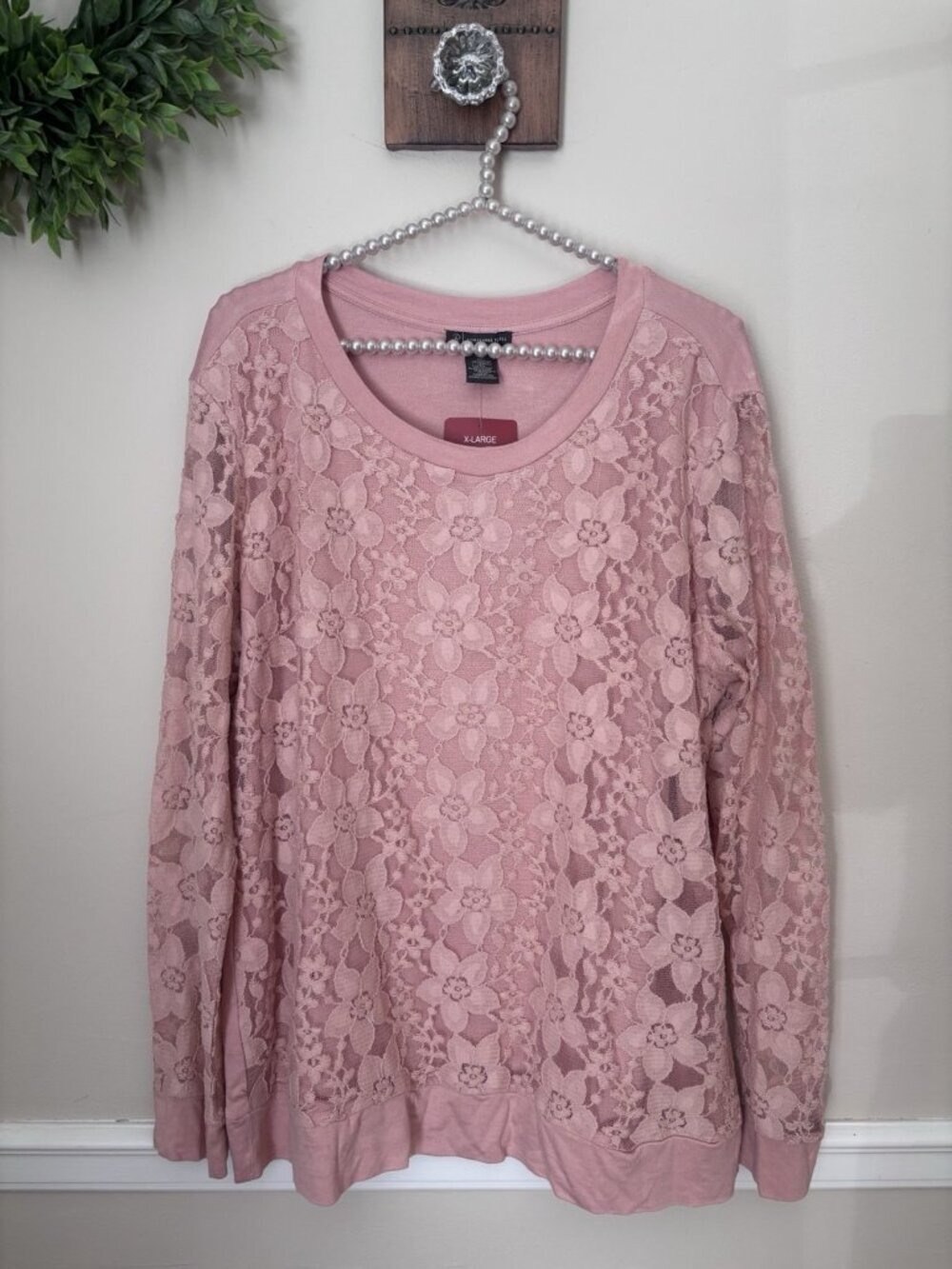 NWT Adrianna Papell Size XL Lace Front Top Long Sleeve Warm Blush Pink
